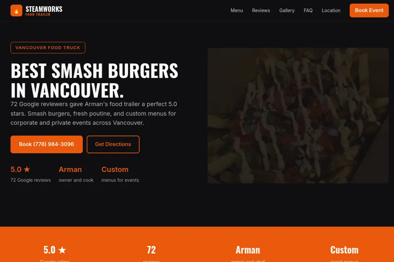 Screenshot of the Steamworks Food Trailer website, a dark design with orange accents and a poutine photo